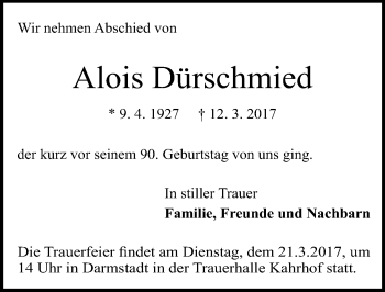 Traueranzeige von Alois Dürschmied von Trauerportal Echo Online