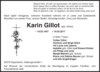 Traueranzeige von Karin Gillot von Trauerportal Rhein Main Presse