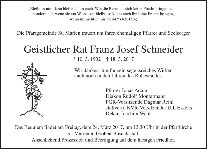  Traueranzeige für Franz Josef Schneider vom 23.03.2017 aus  Gießener Anzeiger