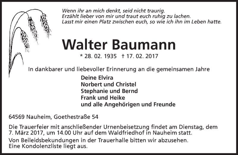  Traueranzeige für Walter Baumann vom 04.03.2017 aus Trauerportal Echo Online