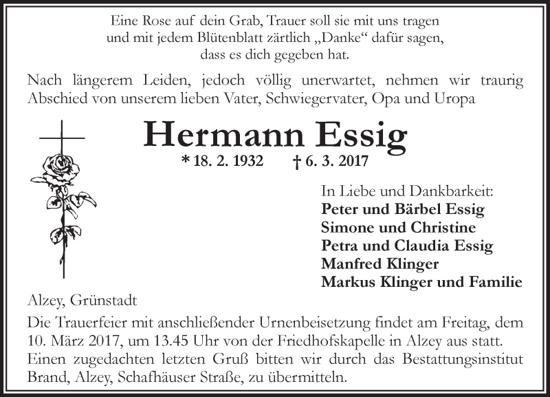  Traueranzeige für Hermann Essig vom 07.03.2017 aus Trauerportal Rhein Main Presse