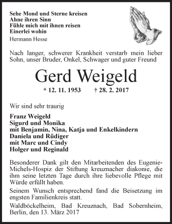 Traueranzeige von Gerd Weigeld von Trauerportal Rhein Main Presse