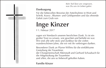 Traueranzeige von Inge Kinzer von  Kreisanzeiger