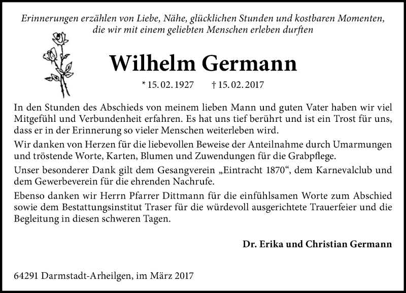  Traueranzeige für Wilhelm Germann vom 18.03.2017 aus Trauerportal Echo Online