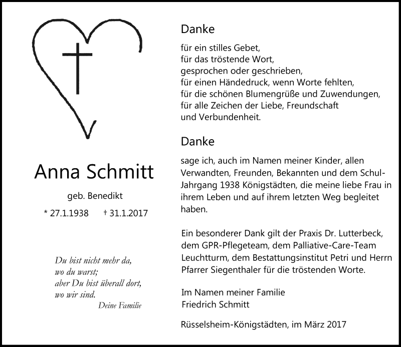  Traueranzeige für Anna Schmitt vom 04.03.2017 aus Trauerportal Rhein Main Presse