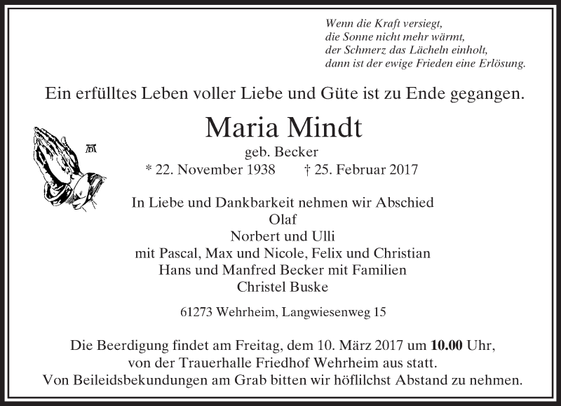  Traueranzeige für Maria Mindt vom 07.03.2017 aus  Usinger Anzeiger