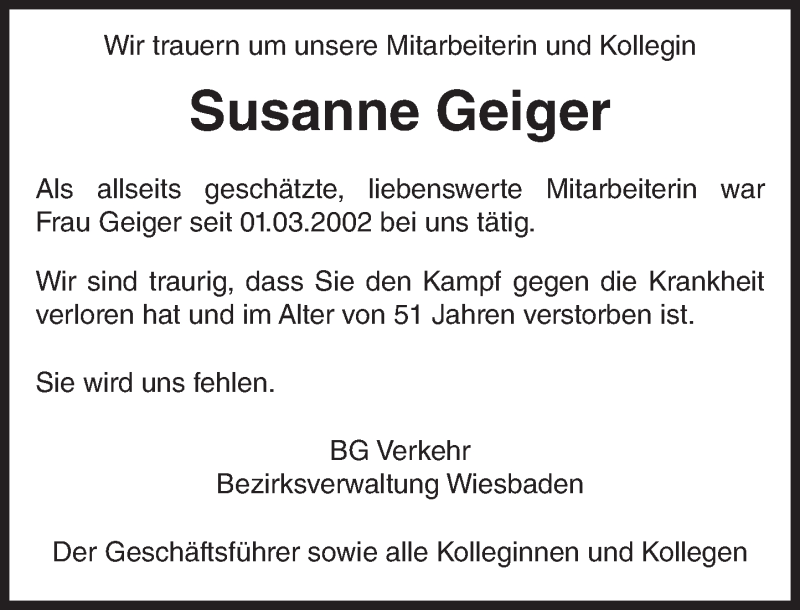 Traueranzeige für Susanne Geiger vom 25.03.2017 aus Trauerportal Rhein Main Presse
