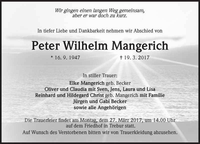  Traueranzeige für Peter Wilhelm Mangerich vom 23.03.2017 aus Trauerportal Rhein Main Presse