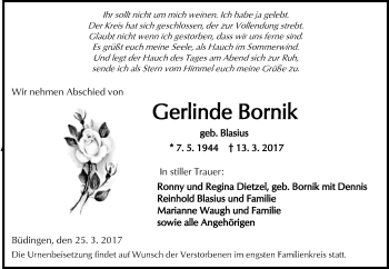 Traueranzeige von Gerlinde Bornik von  Kreisanzeiger