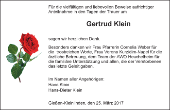 Traueranzeige von Gertrud Klein von  Gießener Anzeiger