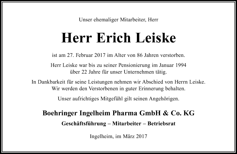  Traueranzeige für Erich Leiske vom 04.03.2017 aus Trauerportal Rhein Main Presse