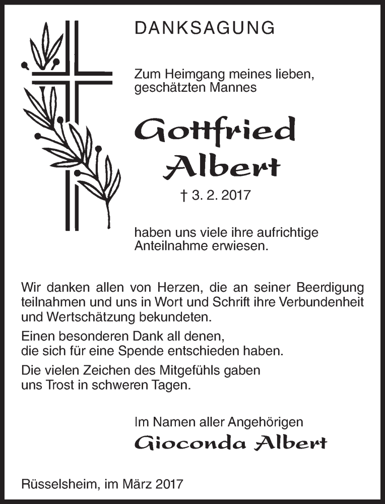  Traueranzeige für Gottfried Albert vom 04.03.2017 aus Trauerportal Rhein Main Presse