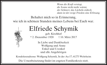 Traueranzeige von Elfriede Schymik von  Usinger Anzeiger