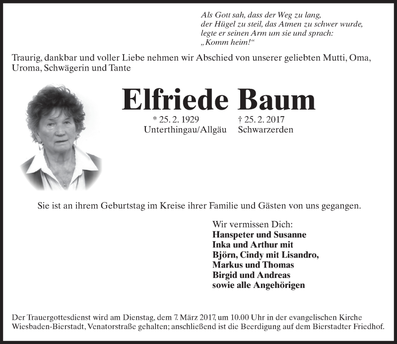  Traueranzeige für Elfriede Baum vom 04.03.2017 aus Trauerportal Rhein Main Presse