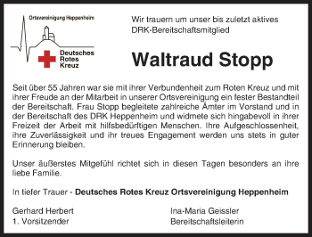 Traueranzeige von Waltraud Stopp von Trauerportal Echo Online