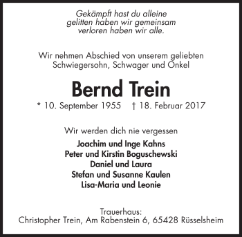 Traueranzeige von Bernd Trein von Trauerportal Rhein Main Presse