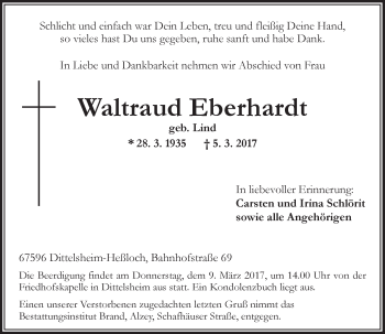 Traueranzeige von Waltraud Eberhardt von Trauerportal Rhein Main Presse