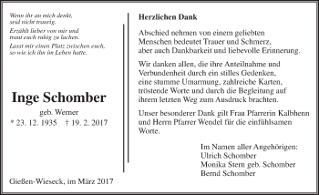 Traueranzeige von Inge Schomber von  Gießener Anzeiger