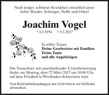 Traueranzeige von Joachim Vogel von Trauerportal Rhein Main Presse