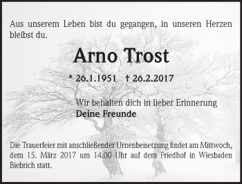 Traueranzeige von Arno Trost von Trauerportal Rhein Main Presse