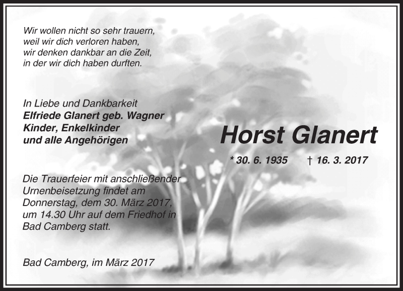  Traueranzeige für Horst Glanert vom 23.03.2017 aus  Camberger Anzeiger