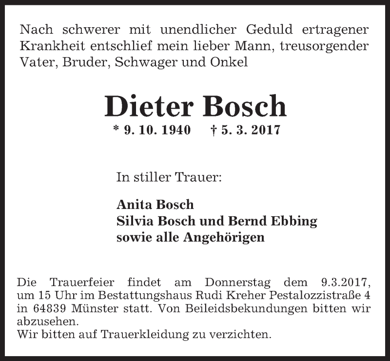  Traueranzeige für Dieter Bosch vom 07.03.2017 aus Trauerportal Echo Online