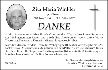 Traueranzeige von Zita Maria Winkler von Trauerportal Echo Online