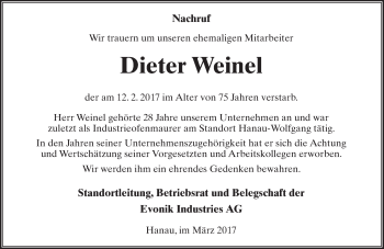 Traueranzeige von Dieter Weinel von  Kreisanzeiger