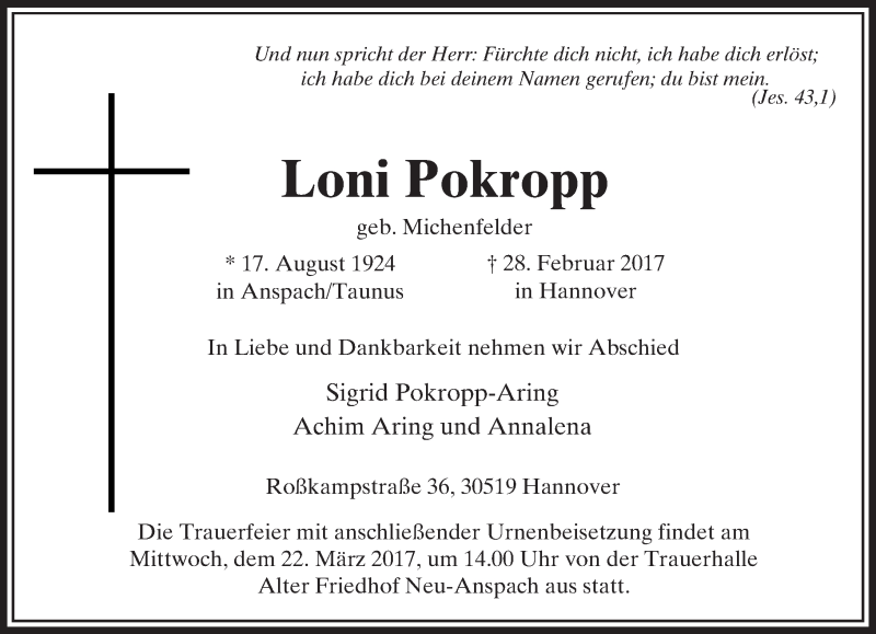  Traueranzeige für Loni Pokropp vom 18.03.2017 aus  Usinger Anzeiger