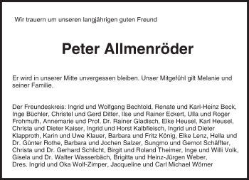 Traueranzeige von Peter Allmenröder von Trauerportal Rhein Main Presse