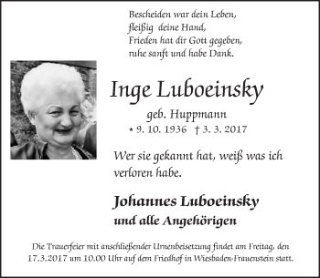 Traueranzeige von Inge Luboeinsky von Trauerportal Rhein Main Presse