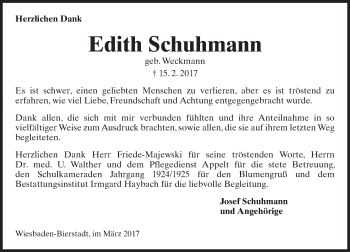 Traueranzeige von Edith Schuhmann von Trauerportal Rhein Main Presse