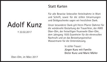 Traueranzeige von Adolf Kunz von Trauerportal Rhein Main Presse