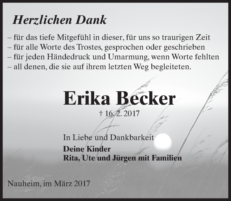  Traueranzeige für Erika Becker vom 02.03.2017 aus Trauerportal Rhein Main Presse
