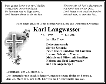 Traueranzeige von Karl Langwasser von VRM Trauer