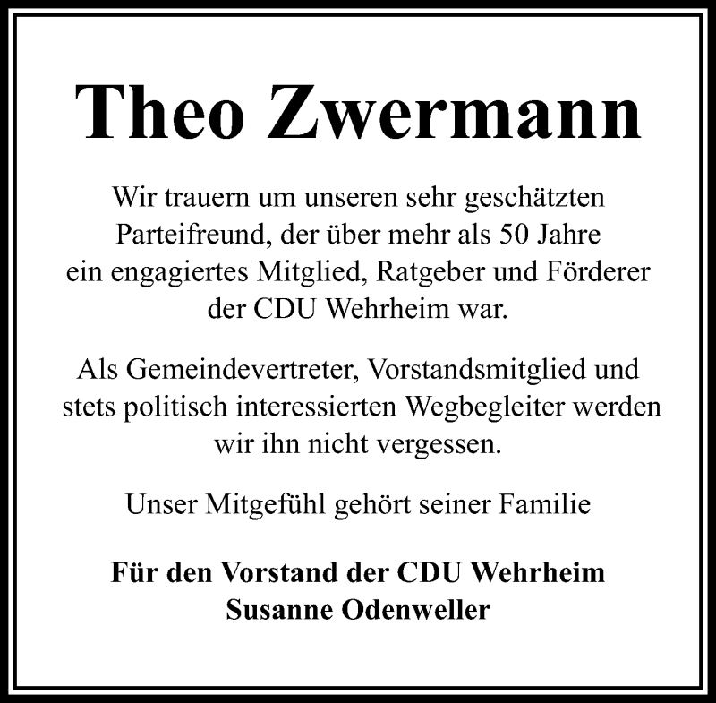  Traueranzeige für Theo Zwermann vom 31.03.2017 aus  Usinger Anzeiger