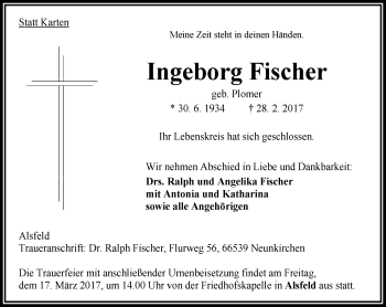 Traueranzeige von Ingeborg Fischer von VRM Trauer