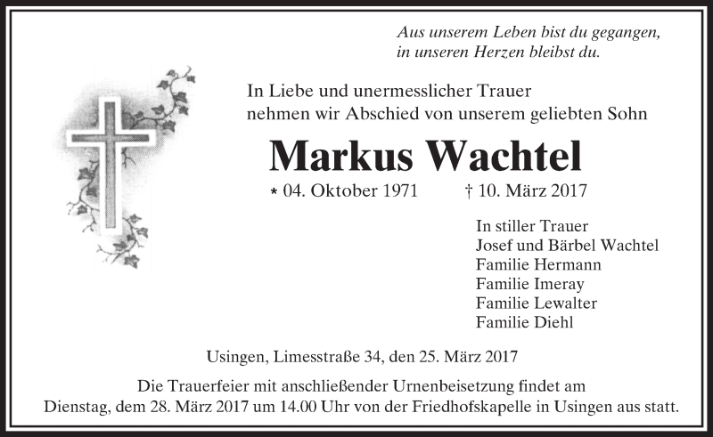  Traueranzeige für Markus Wachtel vom 25.03.2017 aus  Usinger Anzeiger