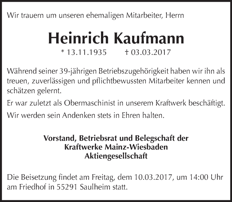  Traueranzeige für Heinrich Kaufmann vom 09.03.2017 aus Trauerportal Rhein Main Presse