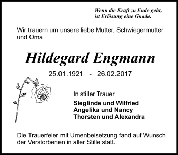 Traueranzeige von Hildegard Engmann von Trauerportal Echo Online