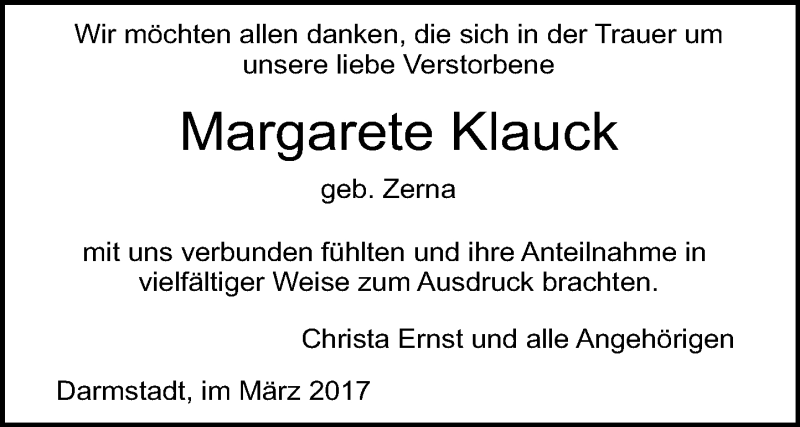  Traueranzeige für Margarete Klauck vom 11.03.2017 aus Trauerportal Echo Online