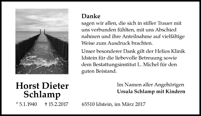  Traueranzeige für Horst Dieter Schlamp vom 18.03.2017 aus Trauerportal Rhein Main Presse
