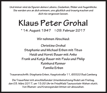 Traueranzeige von Klaus Peter Grohal von  Camberger Anzeiger