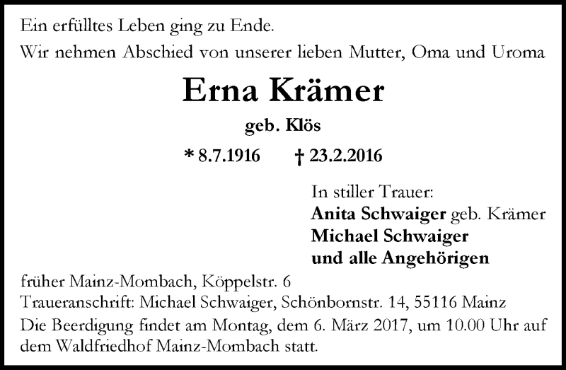  Traueranzeige für Erna Krämer vom 04.03.2017 aus Trauerportal Rhein Main Presse
