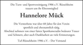 Traueranzeige von Hannelore Mück von Trauerportal Rhein Main Presse