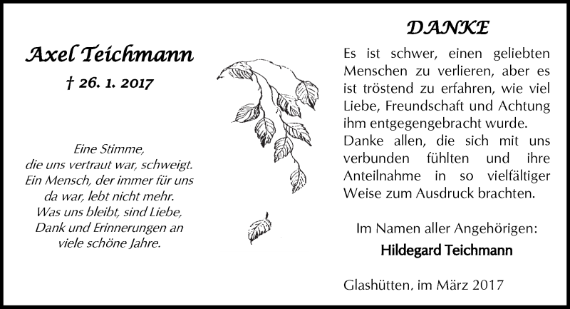  Traueranzeige für Axel Teichmann vom 11.03.2017 aus  Kreisanzeiger