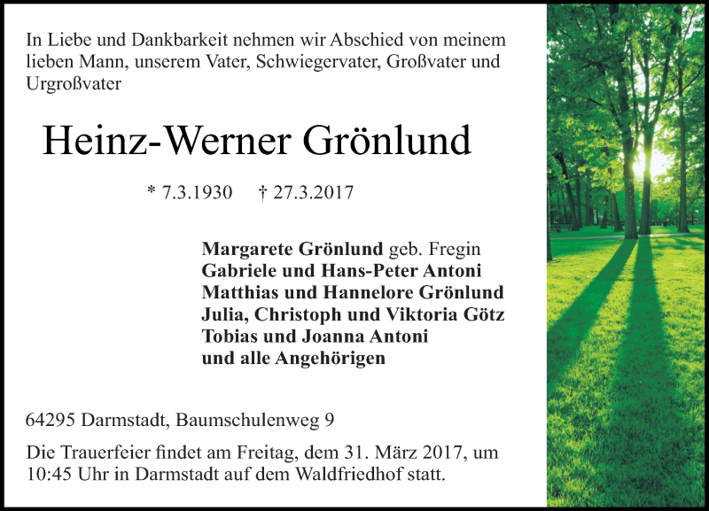  Traueranzeige für Heinz-Werner Grönlund vom 29.03.2017 aus Trauerportal Echo Online