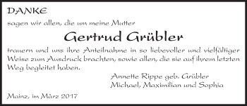 Traueranzeige von Gertrud Grübler von Trauerportal Rhein Main Presse