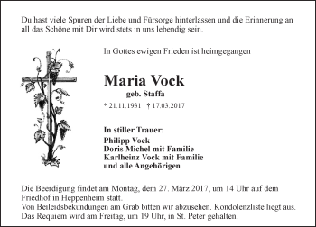 Traueranzeige von Maria Vock von Trauerportal Echo Online