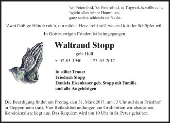 Traueranzeige von Waltraud Stopp von Trauerportal Echo Online
